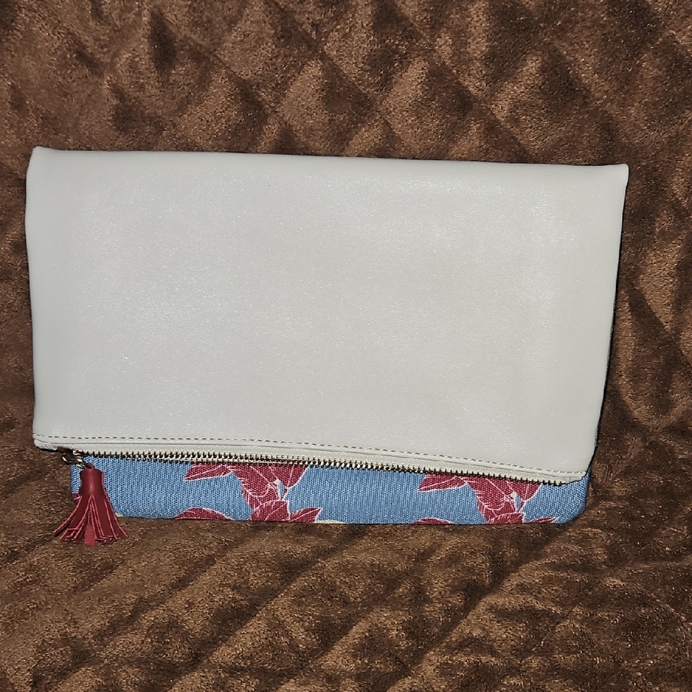 Rachel Pally White and Blue Clutch with Fold-Over Design